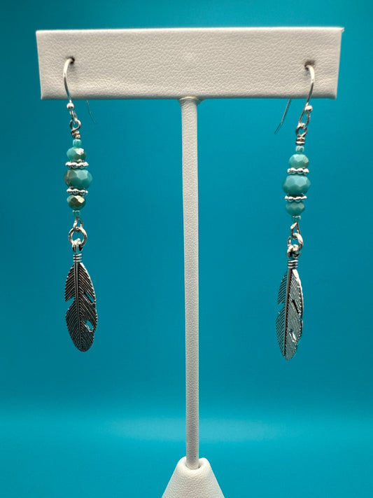 Turquoise Colour Glass Feather Earrings